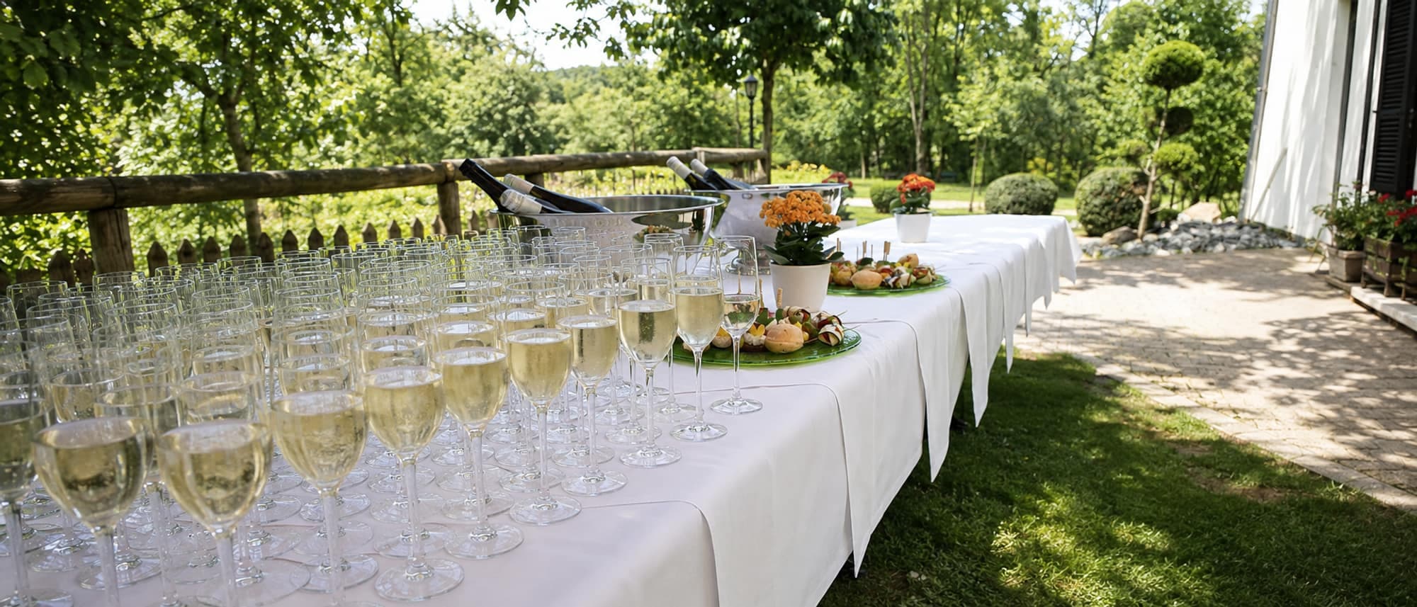 Sektgläser und Fingerfood auf einer langen weißen Tafel im Garten
